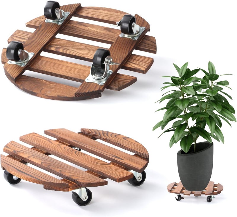 PRAQECZ 2 Pack 12" Plant Caddy with Wheels, Rolling Plant Stand 220 LB Heavy Duty Wooden Round Plant Dolly with Metal 360° Lockable Caster Wheels for Outdoor Indoor Large Plant Pots, Flower Pot, Patio - Image 1